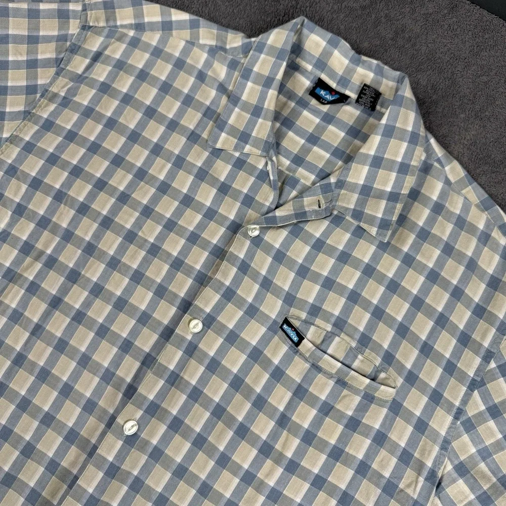 Kavu 100% Cotton Short Sleeve Yellow Plaid Button Down Shirt Sz Large